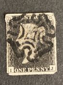 Stamps: Penny Black, SG1, 1840, Plate 10 IJ used, Cancelled with Black Maltese Cross, three good and