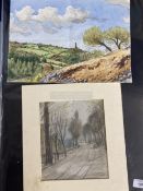 Alec Wiles (1924-2020): Cornish School, charcoal sketch of a tree lined road, together with a