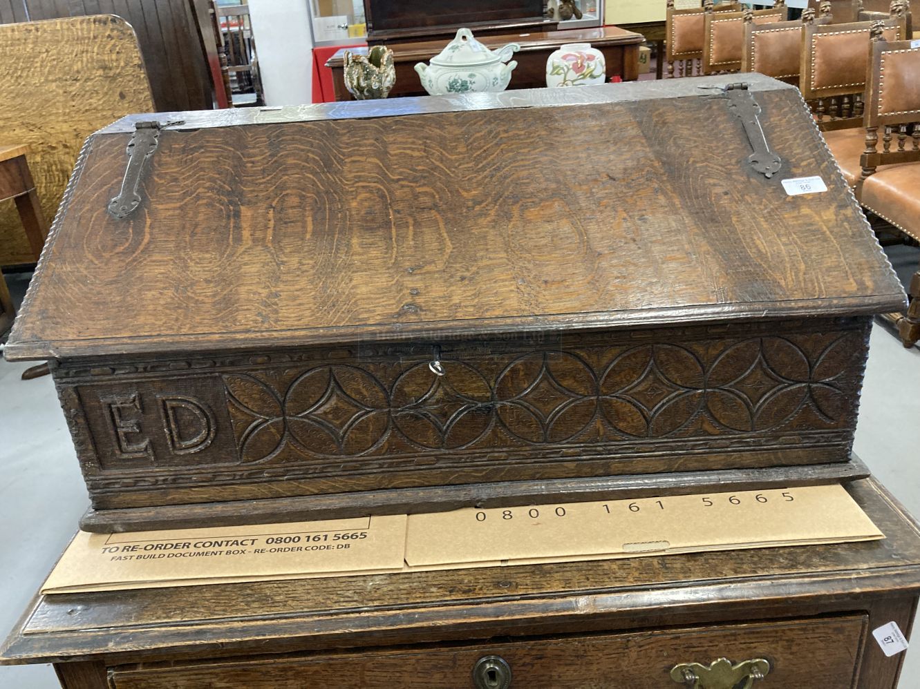 18th cent. Oak Bible box with later additions, cast iron hinges, chip decoration to sides, and