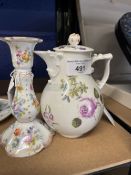 20th cent. Ceramics: Meissen hot water or milk covered jug, floral decoration, with lining fault and