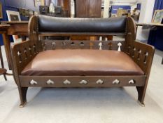 Arts & Crafts: Liberty & Co. Goodyers oak hall seat with Rexine cushion and backrest decorated