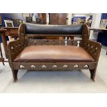 Arts & Crafts: Liberty & Co. Goodyers oak hall seat with Rexine cushion and backrest decorated