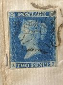 Stamps & Social History: SG3 Two Pence Blue on complete letter, Plate 3 AI, Cancelled by a Black