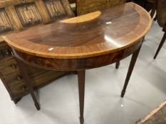 Mahogany Sheraton Revival demi-lune pier table, fruitwood inlaid with a geometric motif, on tapering