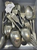 Flatware: Stamped Norwegian silver Old English pattern, tests as low grade forks x 7, dessert spoons