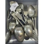 Flatware: Stamped Norwegian silver Old English pattern, tests as low grade forks x 7, dessert spoons