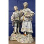 Early 20th cent. German figurines, man and woman picking flowers, multicoloured decoration, under