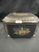 19th cent. Octagonal Chinese black lacquered tea caddy with pewter fitted interior revealing two