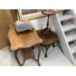 20th cent. Mahogany two tier side table, 32ins. x 19ins. x 37ins. Embroidered footstool, circular