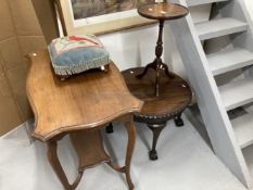 20th cent. Mahogany two tier side table, 32ins. x 19ins. x 37ins. Embroidered footstool, circular