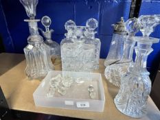 19th/20th cent. Glass and crystal decanters, rectangular hob cut, pair Whisky, ships engraved with