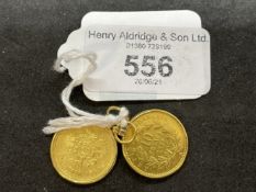 Jewellery: Yellow metal coins two made into pendants, both test as 22ct gold. Weight of two 10g.