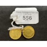 Jewellery: Yellow metal coins two made into pendants, both test as 22ct gold. Weight of two 10g.