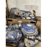 Ceramics: Large quantity of Woods blue and white willow pattern and others, together with framed and