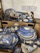 Ceramics: Large quantity of Woods blue and white willow pattern and others, together with framed and