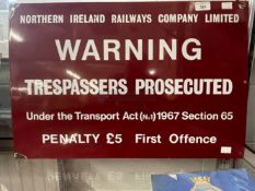 Transport: 20th cent. Northern Ireland Railways enamel steel sign, red background with white