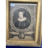 17th cent. Mezzotint of Mary Queen of Scots, D. G Scotiae and Franciae Regina. 10ins. x 13ins.