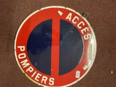 20th cent. Fire Brigade French circular enamel sign, red and blue background with white lettering '