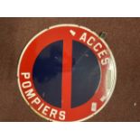 20th cent. Fire Brigade French circular enamel sign, red and blue background with white lettering '