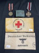 Militaria: Third Reich German Army steel belt buckle, War Merit Medal, Volksturm Armband, Red