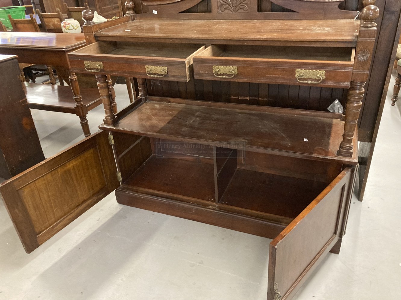 Early 20th cent. Oak buffet with carved floral decoration and brass furniture. 54ins. x 51ins. x - Image 2 of 3