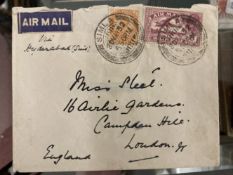Stamps: Airmail cover Simla India to Campden Hill London via Hyderabad. Cancellation 30 May '32,