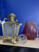 19th cent. Cut glass and brass square urn shaped oil lamps, brass fittings, cranberry lantern (rim