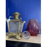 19th cent. Cut glass and brass square urn shaped oil lamps, brass fittings, cranberry lantern (rim