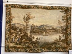 20th cent. Large needlepoint wall hanging tapestry depicting a romantic landscape with a lake,