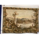 20th cent. Large needlepoint wall hanging tapestry depicting a romantic landscape with a lake,