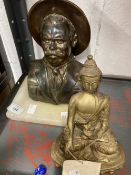 20th cent. Decorative items, brass Buddha figurine, and a metal bust on a marble base.