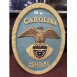 United States Carolina Military Institute glass fibre painted oval plaque.