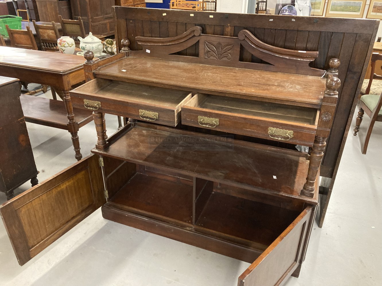 Early 20th cent. Oak buffet with carved floral decoration and brass furniture. 54ins. x 51ins. x - Image 3 of 3