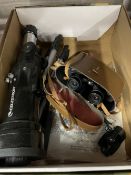 Boxed Celestron Travelscope 70, Dollards 8x30 binoculars (cased), and two pre-war brass