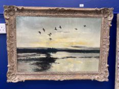 •Sir Peter Markham Scott (1909-1989): Oil on canvas Mallards in a Yellow Sky, signed and dated