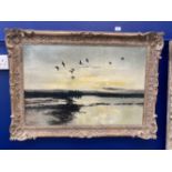 •Sir Peter Markham Scott (1909-1989): Oil on canvas Mallards in a Yellow Sky, signed and dated