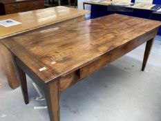 Early 19th cent. Cherry wood plank farmhouse table on tapered supports, long end on drawer with