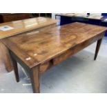 Early 19th cent. Cherry wood plank farmhouse table on tapered supports, long end on drawer with