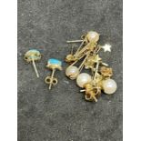 Jewellery: Yellow metal, four pairs of earrings, two cultured pearls, one turquoise, and one with