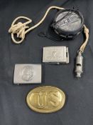 Militaria: Brass US Army belt buckle together with an East German Army belt buckle, an Italian