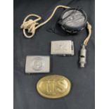 Militaria: Brass US Army belt buckle together with an East German Army belt buckle, an Italian