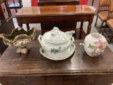 20th cent. Ceramics: Portuguese green/cream soup tureen and ladle on stand, matt finish.