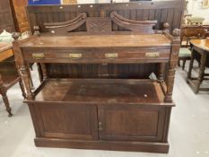 Early 20th cent. Oak buffet with carved floral decoration and brass furniture. 54ins. x 51ins. x