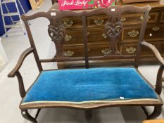 20th Cent. Chippendale style 2 seater hall seat with blue upholstered drop in seat.