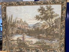 20th cent. Large needlepoint wall hanging tapestry depicting a romantic landscape with, lake,