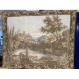 20th cent. Large needlepoint wall hanging tapestry depicting a romantic landscape with, lake,