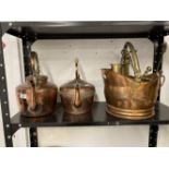Late 19th cent. Two copper kettles together with a small copper coal scuttle, and a quantity of