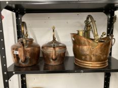 Late 19th cent. Two copper kettles together with a small copper coal scuttle, and a quantity of