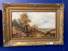 Late 19th cent. English School: Oil on board of a castle in rustic landscape, label verso attributed