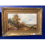 Late 19th cent. English School: Oil on board of a castle in rustic landscape, label verso attributed